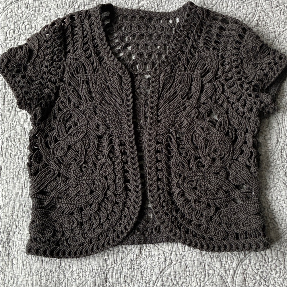 VTG Coldwater Creek Short Sleeve Cardigan Bolero Black Heavy Crocheted - Medium